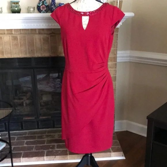 adrianna papell red beaded dress Adrianna Papell Women's Red and Silver Dress